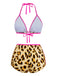 Braun 1950er Leopard Halter Farbblock Bikini Set