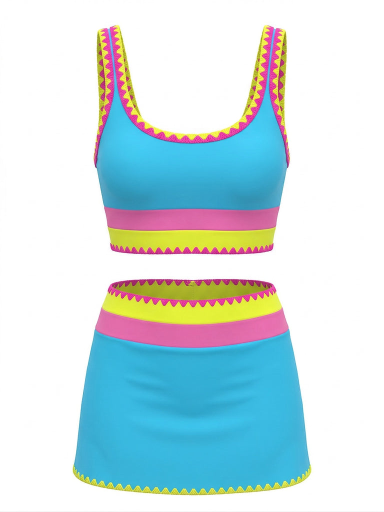 3PCS 1950er Kontrast Zickzack Besatz Tankini Set & Cover-Up