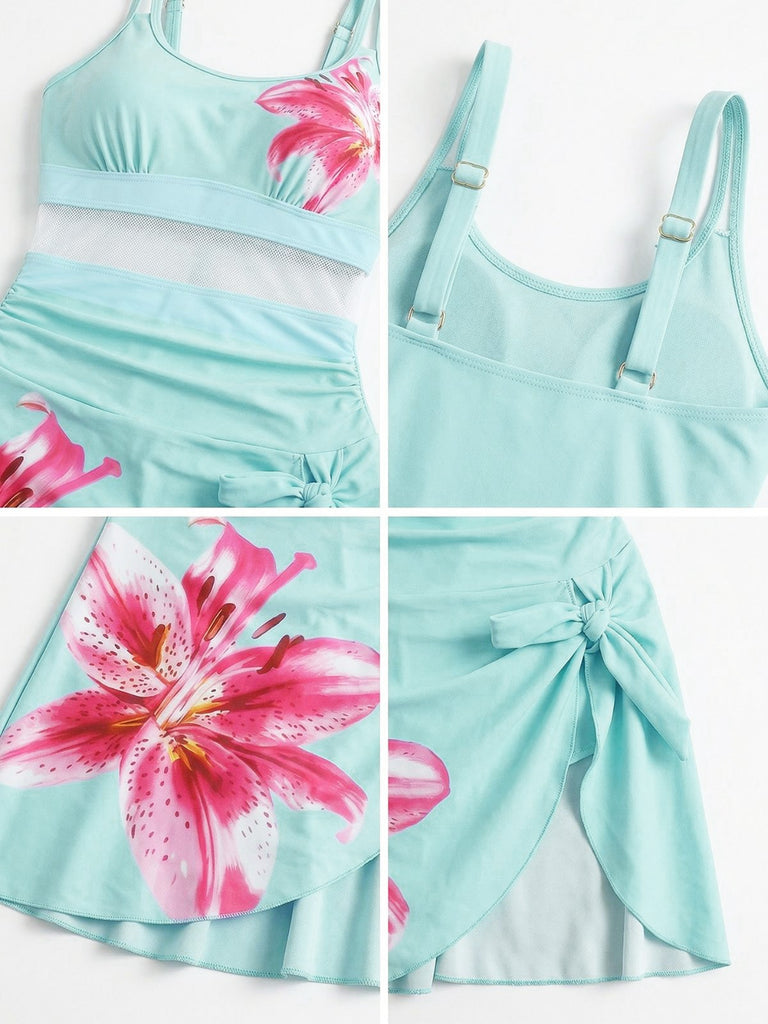 1940er Blumen Riemchen Rundausschnitt Schnür Netz Schwimmkleid