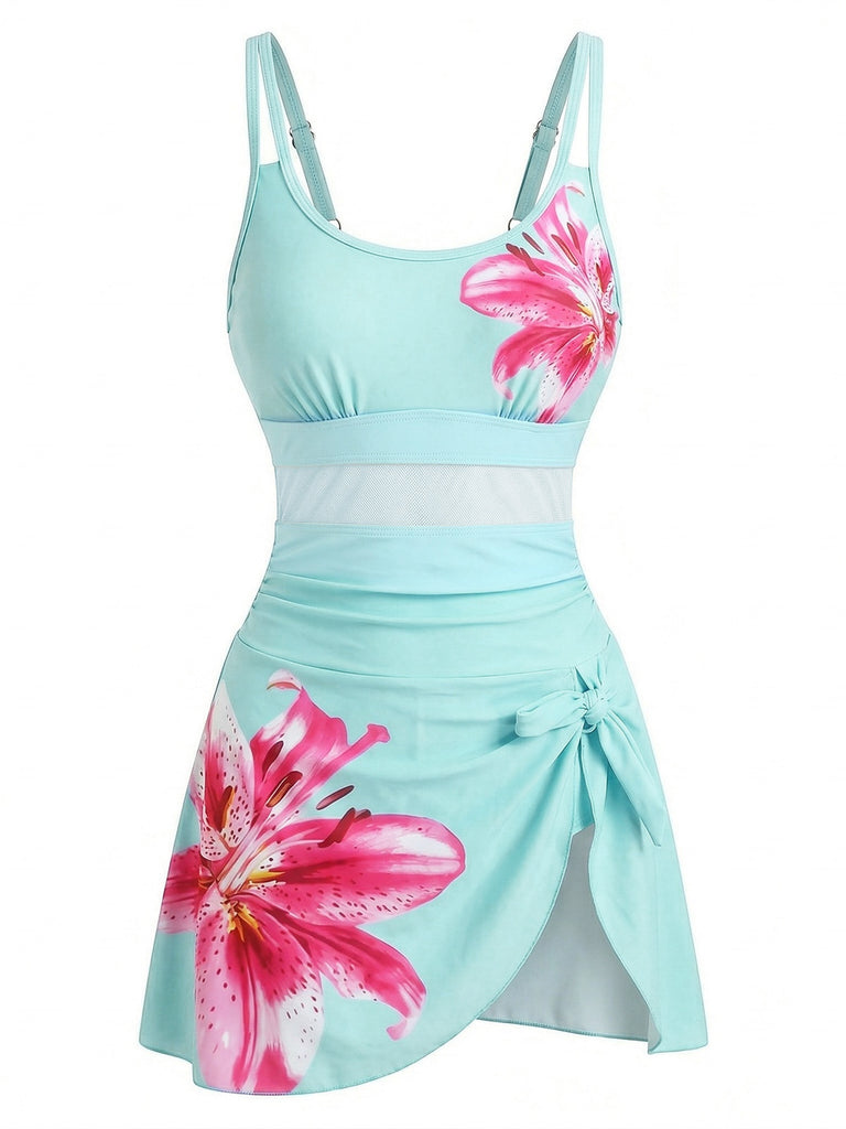 1940er Blumen Riemchen Rundausschnitt Schnür Netz Schwimmkleid