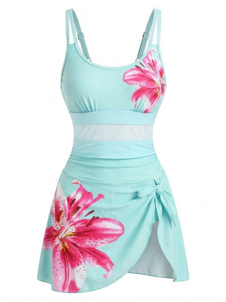 [Vorverkauf] 1940er Blumen Riemchen Rundausschnitt Schnür Netz Schwimmkleid