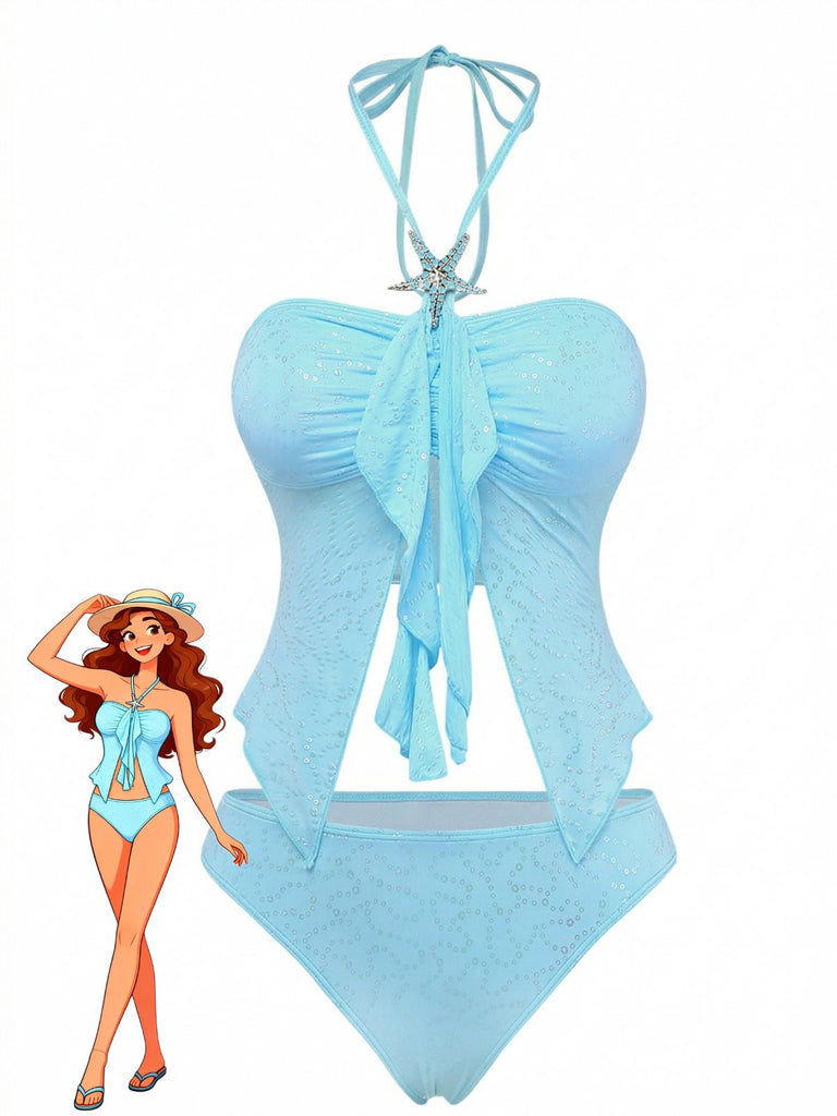 Hellblaues Tankini-Set im Stil der 1950er Jahre mit Neckholder, Rüschen und Schleife, 2er-Pack