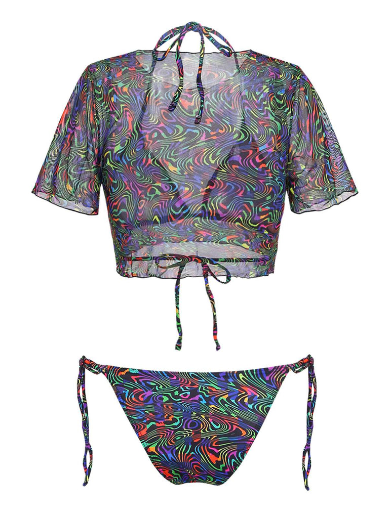Schwarzes 60er Netz-Bikini-Set & Cover-Up mit Tarnung und Ernte