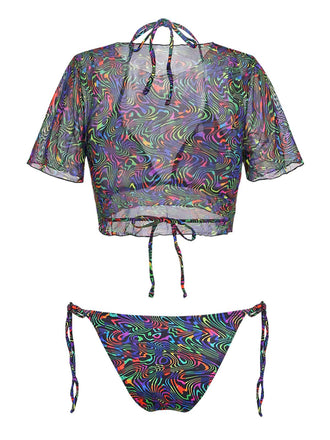 Schwarzes 60er Netz-Bikini-Set & Cover-Up mit Tarnung und Ernte