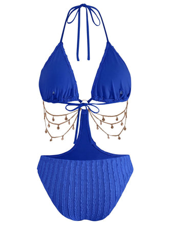 Blau 1930er Uni Metall Kette Cutout Einteilig Badeanzug