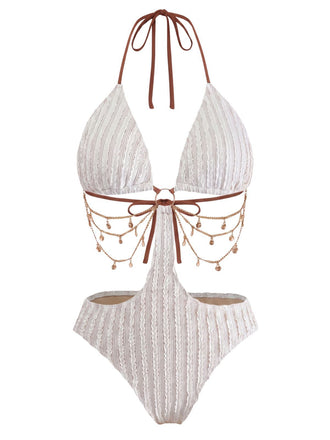 Beige 1930er Uni Metall Kette Cutout Einteilig Badeanzug
