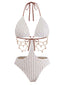 Beige 1930er Uni Metall Kette Cutout Einteilig Badeanzug
