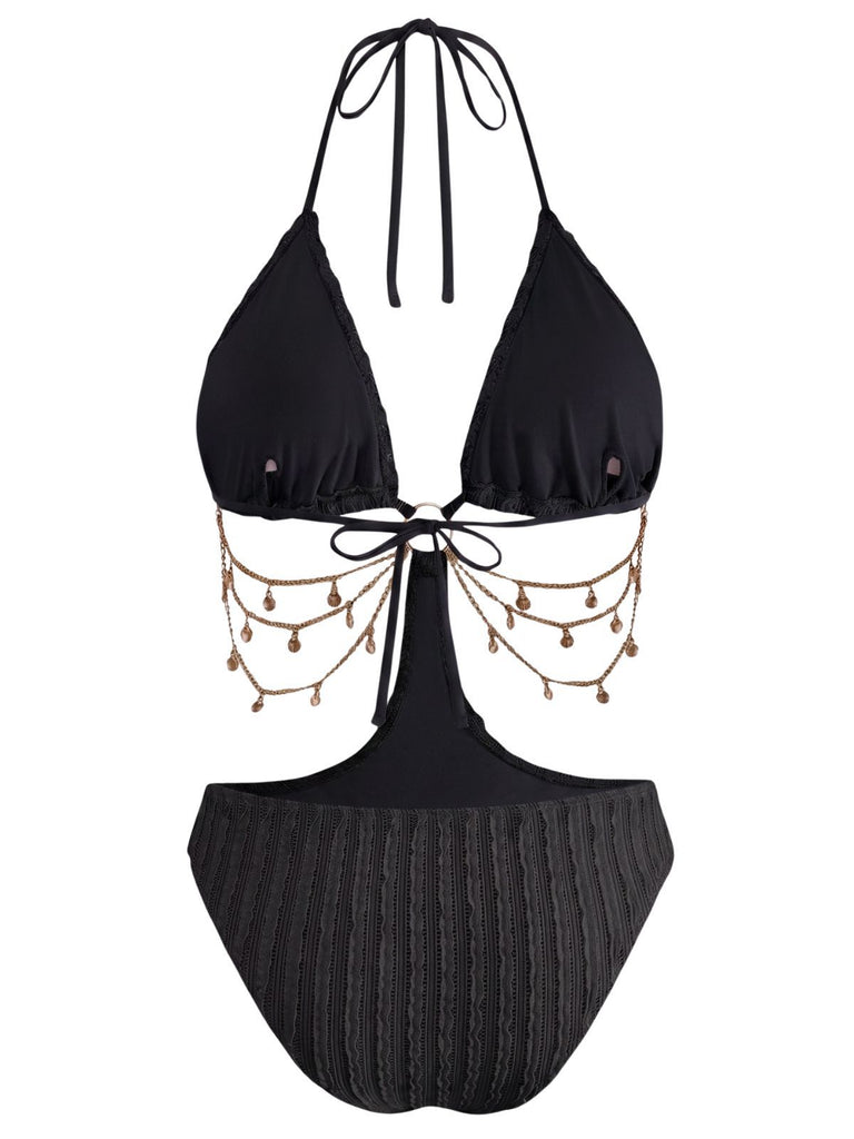Schwarz 1930er Uni Metall Kette Cutout Einteilig Badeanzug