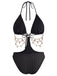 Schwarz 1930er Uni Metall Kette Cutout Einteilig Badeanzug