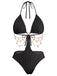 Schwarz 1930er Uni Metall Kette Cutout Einteilig Badeanzug