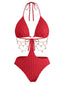 Rot 1930er Uni Metall Kette Cutout Einteilig Badeanzug