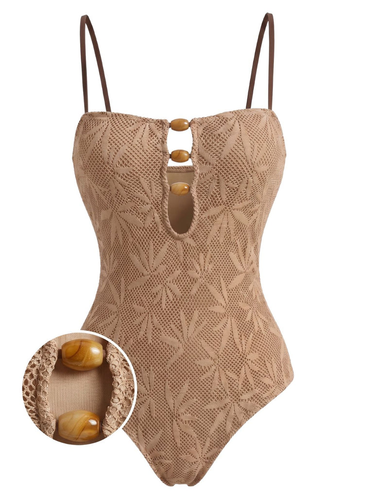 Khakier 60er Badeanzug mit Perlen und Jacquard