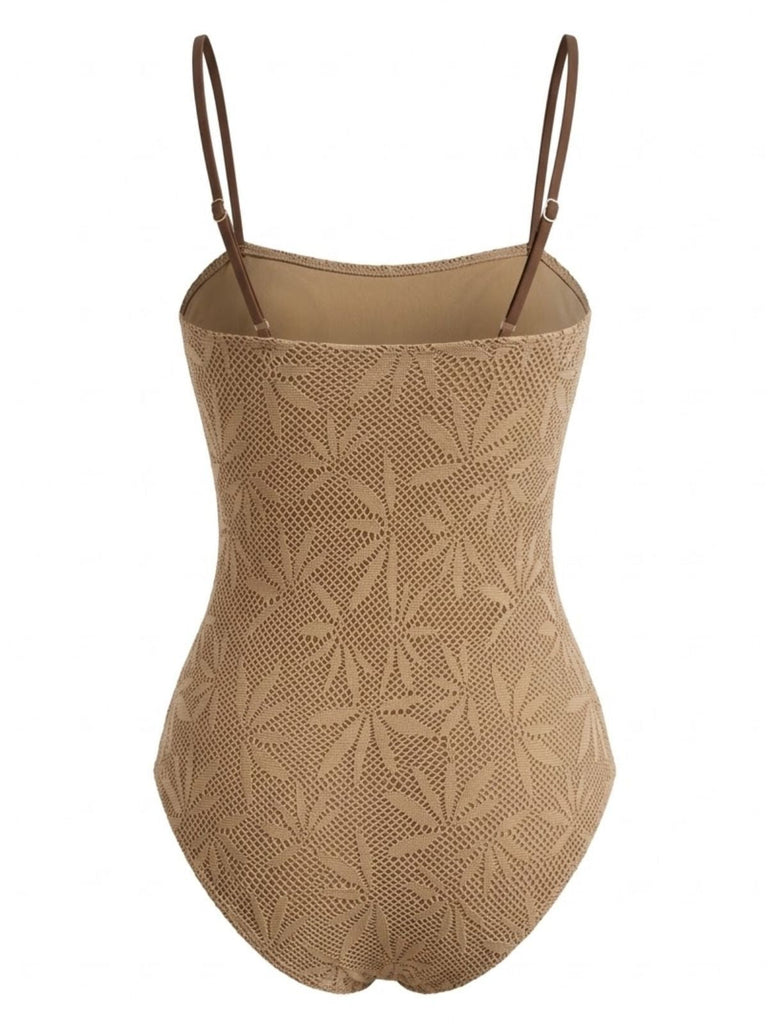 Khakier 60er Badeanzug mit Perlen und Jacquard