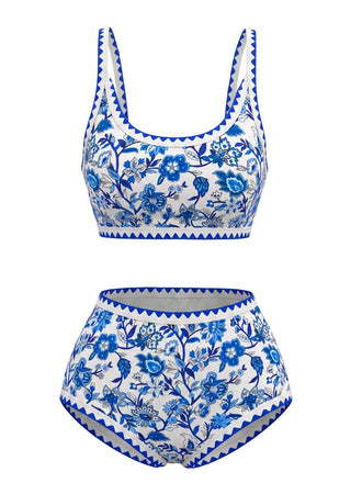 Blau 1950er Rundhalsausschnitt Blumen High-Waist Bikini Set