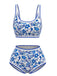Blau 1950er Rundhalsausschnitt Blumen High-Waist Bikini Set