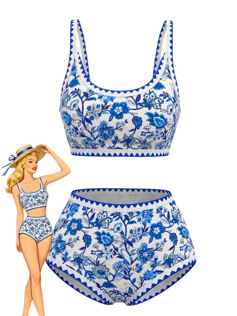 Blau 1950er Rundhalsausschnitt Blumen High-Waist Bikini Set