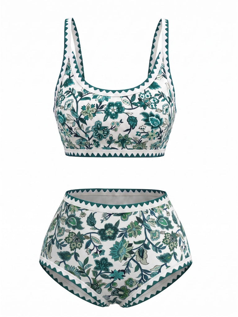 Grün 1950er Rundhalsausschnitt Blumen High-Waist Bikini Set