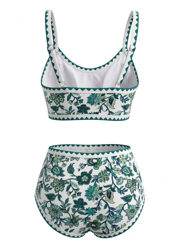 Grün 1950er Rundhalsausschnitt Blumen High-Waist Bikini Set
