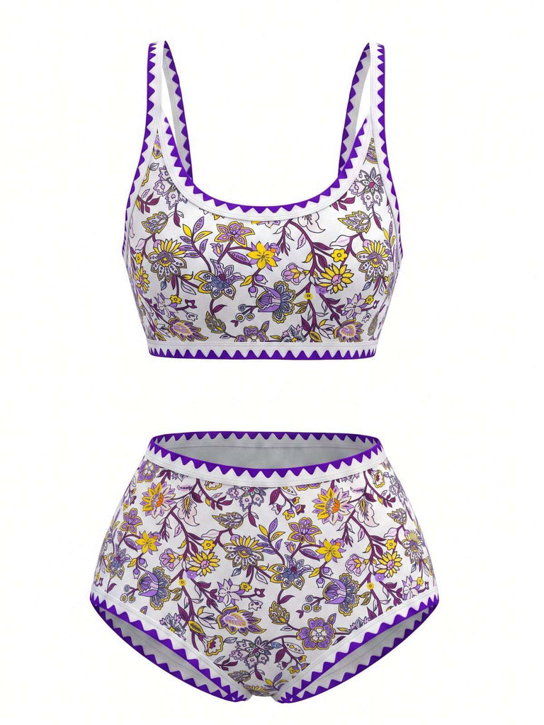 Blau 1950er Rundhalsausschnitt Blumen High-Waist Bikini Set