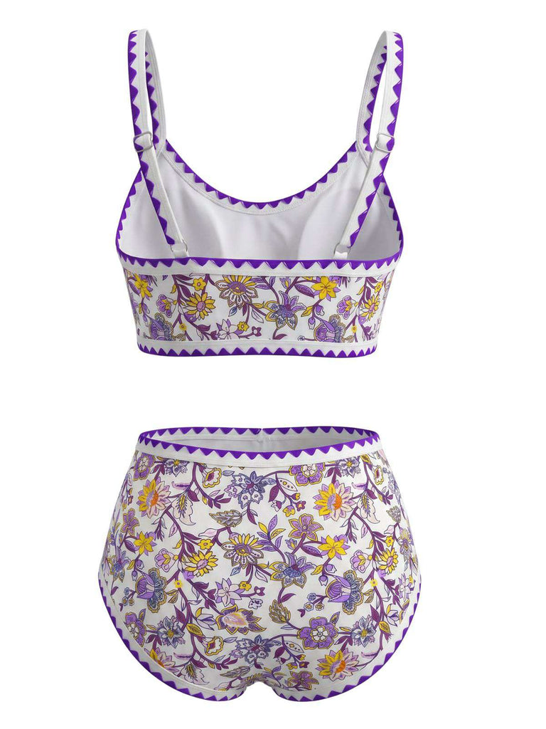 Blau 1950er Rundhalsausschnitt Blumen High-Waist Bikini Set