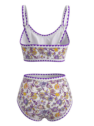 Lila 1950er Rundhalsausschnitt Blumen High-Waist Bikini Set