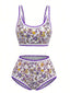 Lila 1950er Rundhalsausschnitt Blumen High-Waist Bikini Set