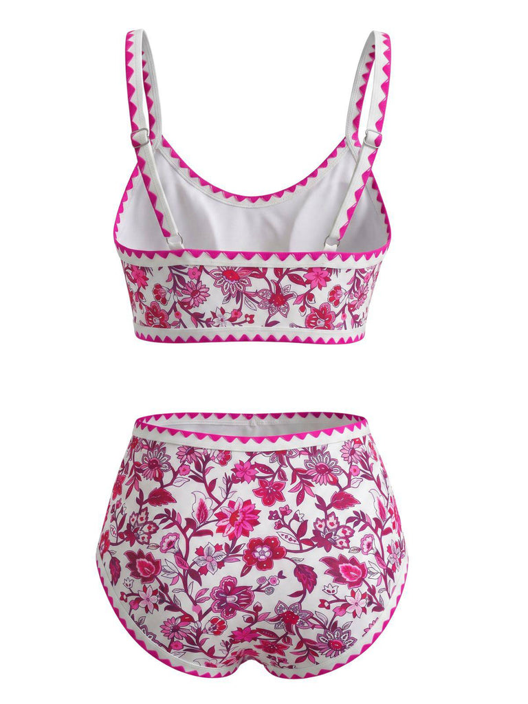Blau 1950er Rundhalsausschnitt Blumen High-Waist Bikini Set