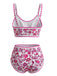 Blau 1950er Rundhalsausschnitt Blumen High-Waist Bikini Set