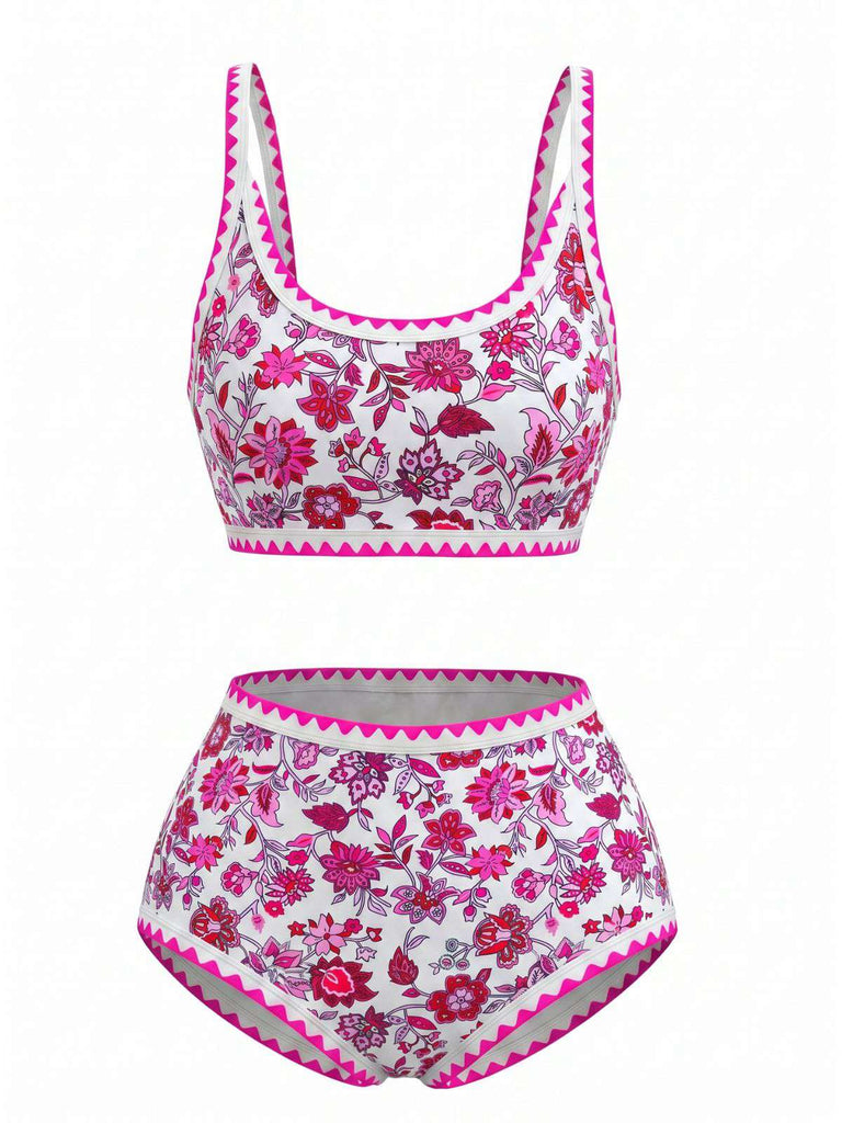 Blau 1950er Rundhalsausschnitt Blumen High-Waist Bikini Set