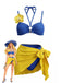 Blaues 80er Bikini-Set & gelbes Cover-Up mit Phalaenopsis und Neckholder