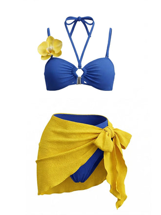 Blaues 80er Bikini-Set & gelbes Cover-Up mit Phalaenopsis und Neckholder