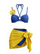Blaues 80er Bikini-Set & gelbes Cover-Up mit Phalaenopsis und Neckholder