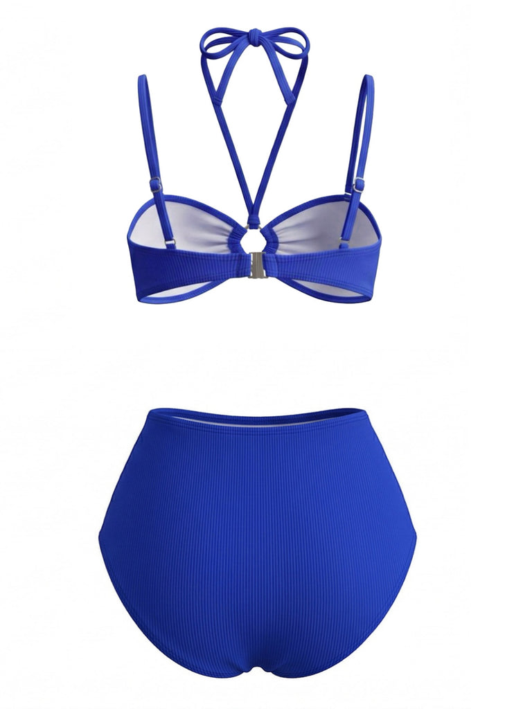 Blaues 80er Bikini-Set & gelbes Cover-Up mit Phalaenopsis und Neckholder