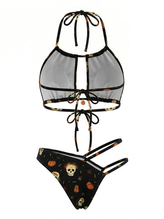 Schwarzes 80er Gothic Bikini-Set mit Totenkopf