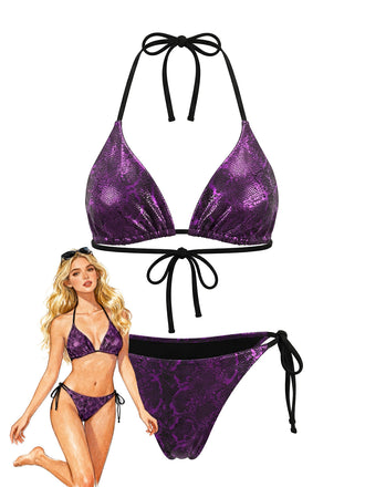 Lila 80er Bikini-Set mit Neckholder und Print