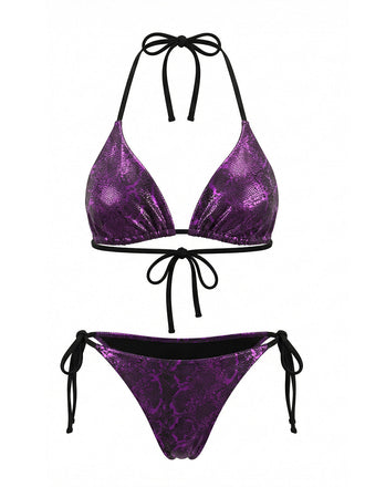 Lila 80er Bikini-Set mit Neckholder und Print