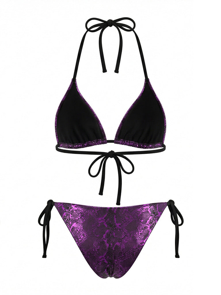 Lila 80er Bikini-Set mit Neckholder und Print