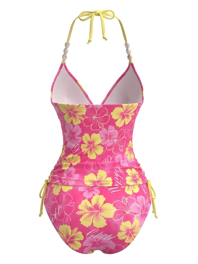 80er Bikini-Set mit Neckholder, Blumen und Perlenbesatz