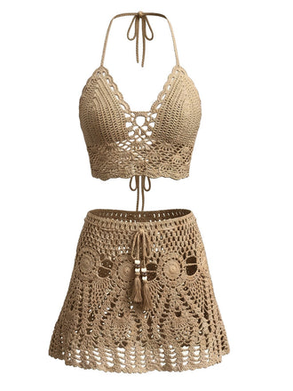 2PCS Beige 1980er Uni Häkel Cover Up Set