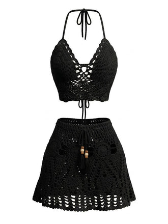 2PCS Schwarz 1980er Uni Häkel Cover Up Set