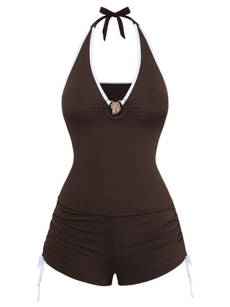 Kaffeefarbenes Tankini-Set im Stil der 1950er Jahre mit Halter-Kordelzug von Gerafft