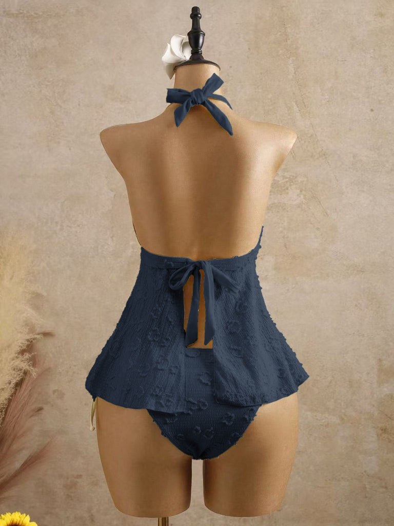 Weiß 1950er Strukturiert Blumen Halter Tiefer V Tankini Set