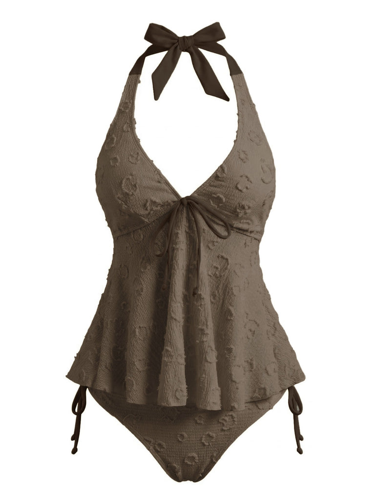 Weiß 1950er Strukturiert Blumen Halter Tiefer V Tankini Set