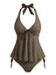 Hellbraun 1950er Strukturiert Blumen Halter Tiefer V Tankini Set