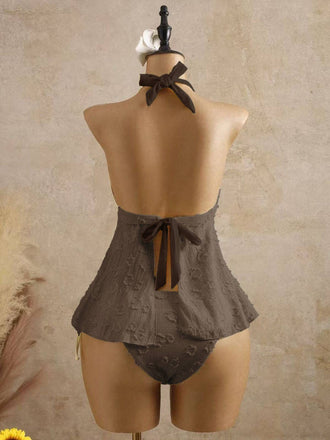 Hellbraun 1950er Strukturiert Blumen Halter Tiefer V Tankini Set