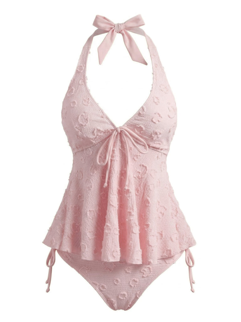 Weiß 1950er Strukturiert Blumen Halter Tiefer V Tankini Set