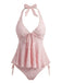 Weiß 1950er Strukturiert Blumen Halter Tiefer V Tankini Set