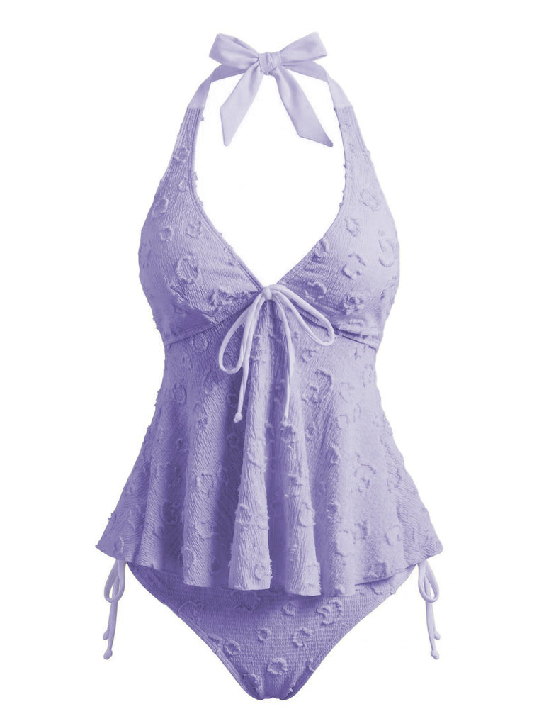 Weiß 1950er Strukturiert Blumen Halter Tiefer V Tankini Set
