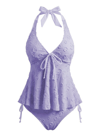 Lila 1950er Strukturiert Blumen Halter Tiefer V Tankini Set
