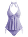 Weiß 1950er Strukturiert Blumen Halter Tiefer V Tankini Set